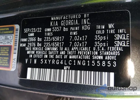 2022 Kia Sorento Lx z USA, uszkodzony, nr VIN 5XYRG4LC1NG155853